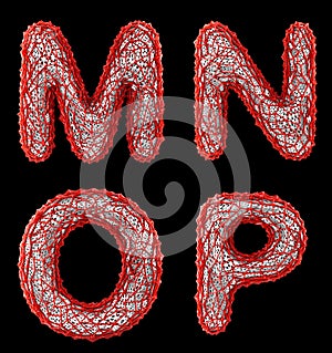 Realistic 3D letters set M, N, O, P made of red plastic.