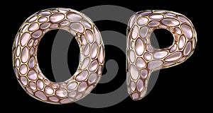 Realistic 3D letters set O, P made of gold shining metal letters.