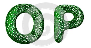 Realistic 3D letters set O, P made of green plastic.