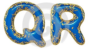 Realistic 3D letters set Q, R made of gold shining metal letters.