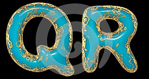 Realistic 3D letters set Q, R made of gold shining metal letters.