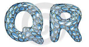 Realistic 3D letters set Q, R made of gold shining metal letters.