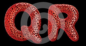 Realistic 3D letters set Q, R made of red plastic.