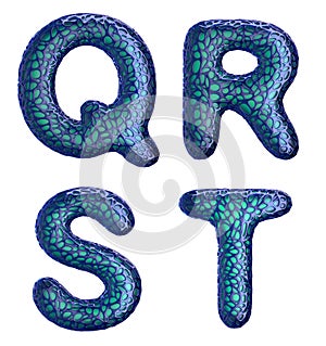 Realistic 3D letters set Q, R, S, T made of blue plastic.