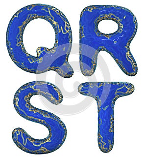 Realistic 3D letters set Q, R, S, T made of gold shining metal letters.