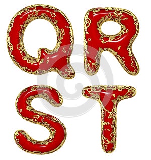 Realistic 3D letters set Q, R, S, T made of gold shining metal letters.