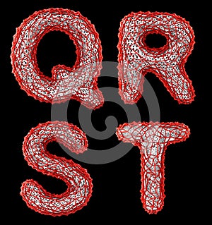 Realistic 3D letters set Q, R, S, T made of red plastic.