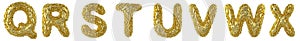 Realistic 3D letters set Q, R, S, T, U, V, W, X made of crumpled foil. Collection symbols of crumpled gold foil isolated