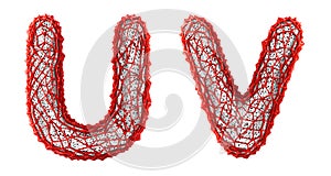 Realistic 3D letters set U, V made of red plastic.