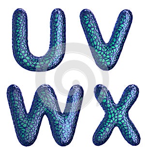 Realistic 3D letters set U, V, W, X made of blue plastic.