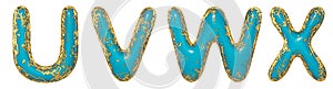 Realistic 3D letters set U, V, W, X made of gold shining metal letters.