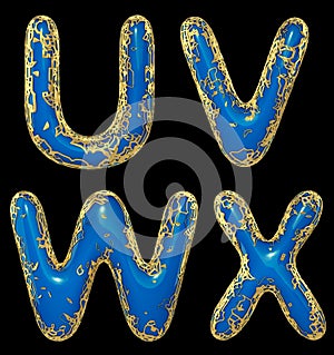 Realistic 3D letters set U, V, W, X made of gold shining metal letters.