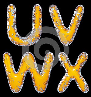 Realistic 3D letters set U, V, W, X made of gold shining metal letters.