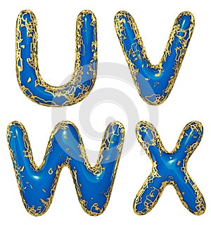 Realistic 3D letters set U, V, W, X made of gold shining metal letters.