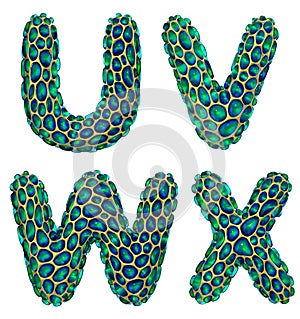 Realistic 3D letters set U, V, W, X made of gold shining metal letters.