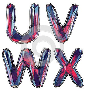 Realistic 3D letters set U, V, W, X made of low poly style. Collection symbols of low poly style red color glass