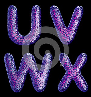 Realistic 3D letters set U, V, W, X made of purple plastic.