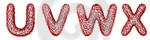 Realistic 3D letters set U, V, W, X made of red plastic.