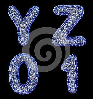 Realistic 3D letters set Y, Z, 0, 1 made of blue plastic.