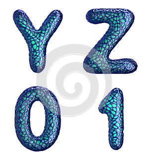 Realistic 3D letters set Y, Z, 0, 1 made of blue plastic.