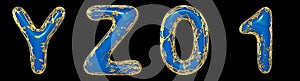 Realistic 3D letters set Y, Z, 0, 1 made of gold shining metal letters.