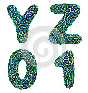 Realistic 3D letters set Y, Z, 0, 1 made of gold shining metal letters.