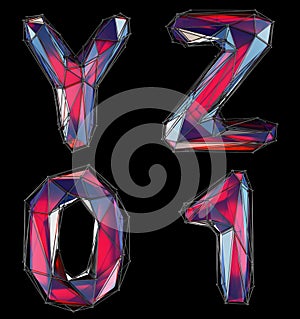 Realistic 3D letters set Y, Z, 0, 1 made of low poly style. Collection symbols of low poly style red color glass