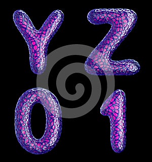 Realistic 3D letters set Y, Z, 0, 1 made of purple plastic.