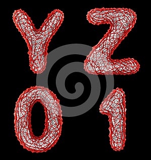 Realistic 3D letters set Y, Z, 0, 1 made of red plastic.