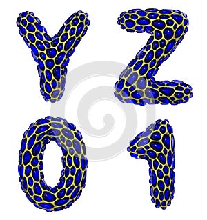 Realistic 3D letters set Y, Z number 0, 1, made of gold shining metal letters.