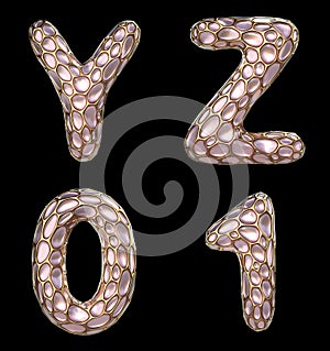 Realistic 3D letters set Y, Z and numbers set 0, 1 made of gold shining metal letters.
