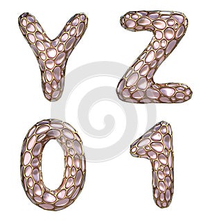 Realistic 3D letters set Y, Z and numbers set 0, 1 made of gold shining metal letters.