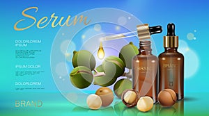 Realistic 3d macadamia nut oil cosmetic ad template. Light blue sunny sky transparent glass essence bottle pipette serum