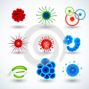 Realistic 3d microscopic viruses and bacteria isolated vector set. Microscopic cell illness, bacterium and microorganism illustrat