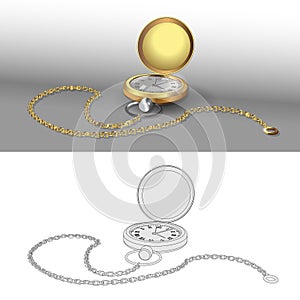 Realistic 3d models of gold pocket watch with chain. Golden classic pocket Watches Poster Design Template. Coloring page and