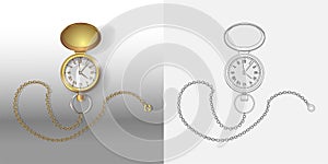 Realistic 3d models of gold pocket watch with chain. Golden classic pocket Watches Poster Design Template. Coloring page and