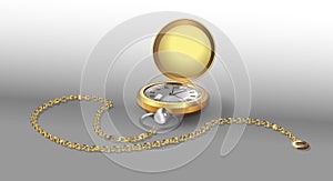 Realistic 3d models of gold pocket watch with chain. Golden classic pocket Watches Poster Design Template. Vector Illustration