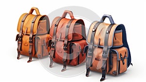 This is a realistic 3d modern icon set of realistic school bags, backpacks, and rucksacks with webbing in orange and red