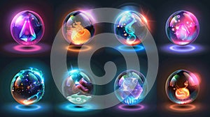 Realistic 3D modern icons of clairvoyant witchcraft, glowing glass orbs with plasma and mystical fog inside, and crystal