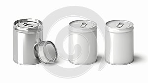 Realistic 3d modern icons set of a tin can with pull ring side view. Cylinder food metal cans with open key lids in