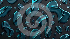 A realistic 3D modern illustration of condensation water drops on a black background. Light reflections of raindrops on