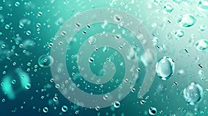 Realistic 3D modern illustration of condensation water drops on green background with bubbles fizzing, abstract wet