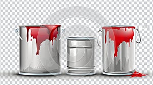 Realistic 3D modern illustration of paint can, tin bucket with red dripping drops, empty and filled metal pots, silver