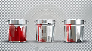 Realistic 3d modern illustration of a paint can, a tin bucket with red drops, empty and filled metal pots, silver