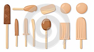 Realistic 3D modern illustration set with popsicle sticks, wooden elements for holding ice cream, tongue depressor for