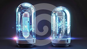 A realistic 3d modern illustration showing cryonics capsules, empty and full containers, cryogenic liquid for