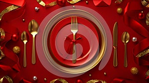 This realistic 3D modern illustration shows a set of gold cutlery and plates, with gold spoon, fork, and knife on a red