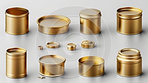 A realistic 3d modern set of gold tin cans, fish or pet food mockup with pull rings at the top and the front. Closed and