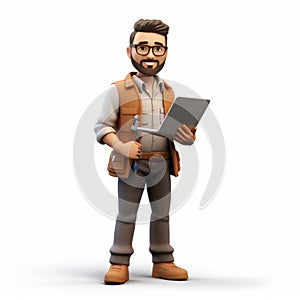 Realistic 3d Noah Marketing Specialist Character With Laptop And Glasses