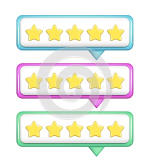 Realistic 3d notification tooltip UI with 5 golden stars. Customer 3d quality reviews, user rating, feedback score, glossy speech